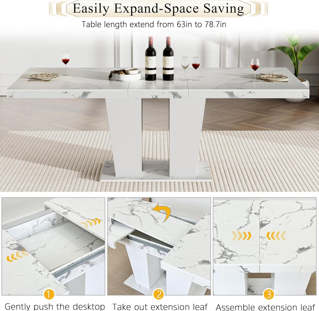 7-Piece Extendable Dining Table Set for 6-8 People 63-78 Inch Kitchen Table Set with 6 Beige Upholstered Chairs Modern White Faux Marble Rectangular Dining Room Table Set for Kitchen Apartment
