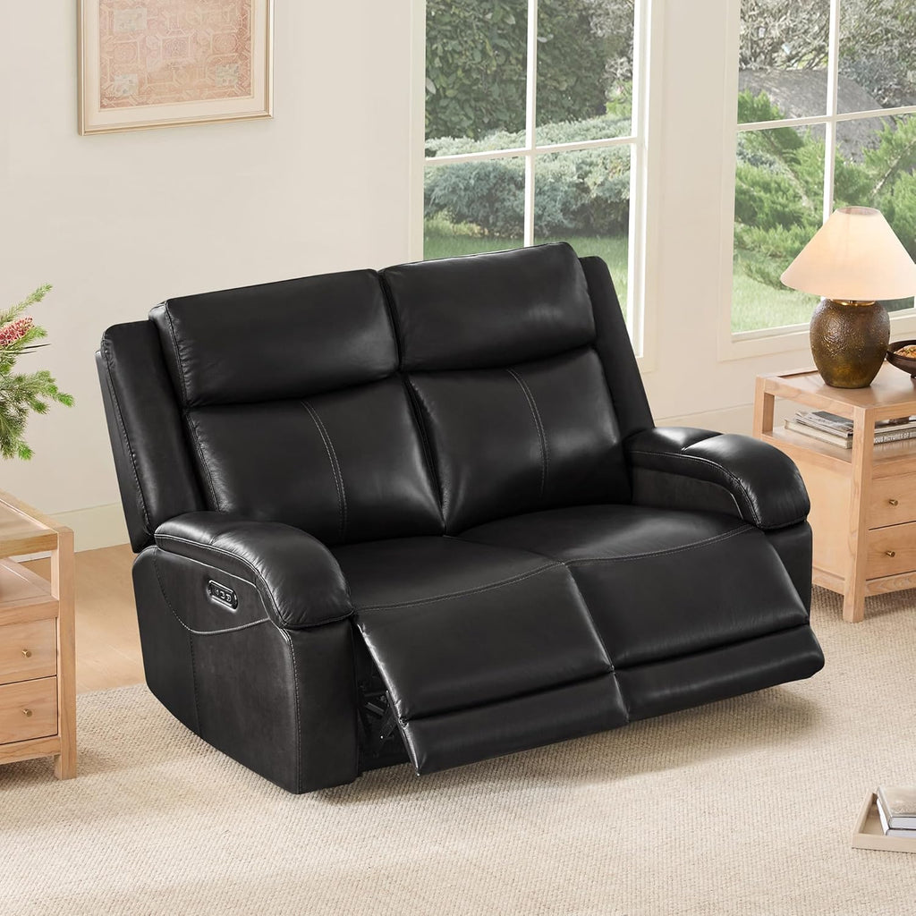 Watson & Whitely Genuine Leather Power Loveseat Recliner Sofa, 2 Seat Wall Hugger Reclining Sofa with Power Headrest & Charging Ports, Dual Recliner Sofas for Living Room, RV, Black