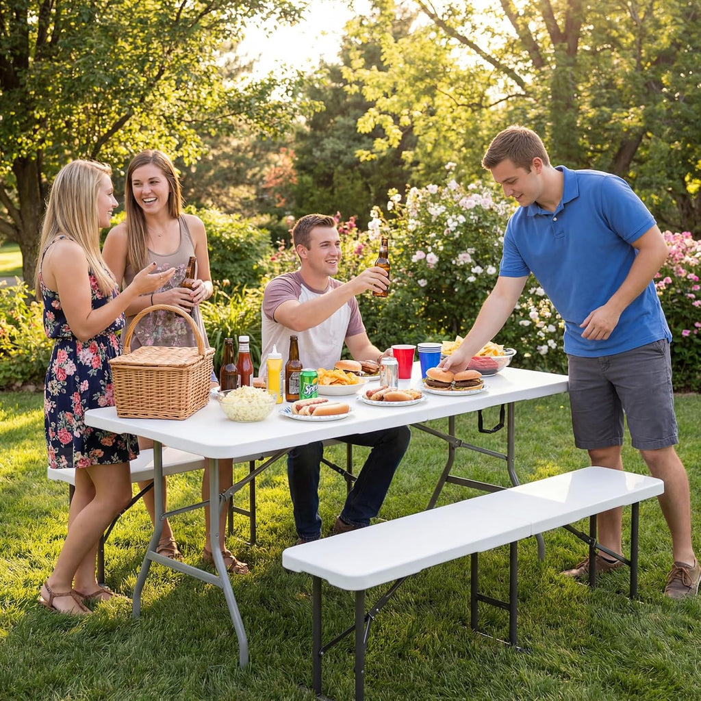 Byliable Folding Table 6ft, Heavy Duty Portable Plastic Fold-in-Half Utility Table with Carrying Handle for Indoor Outdoor, Camping Picnic Party, White