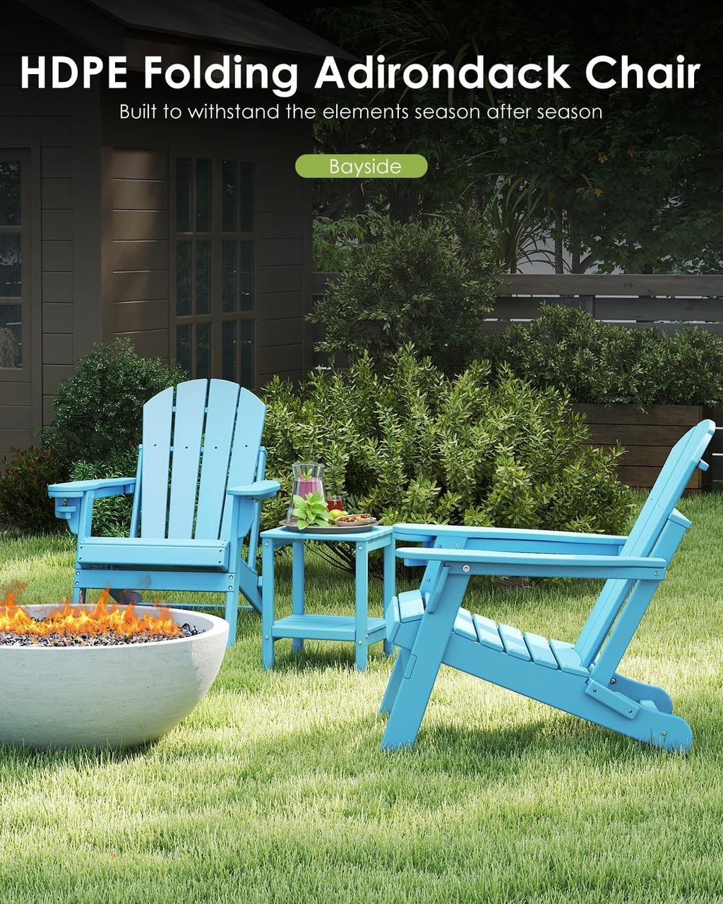 GREENVINES Folding-Adirondack-Chairs-Set-of-2 | HDPE Plastic | Fire Pit Chair | All Weather | Cup Holder | Arctic | for Deck Backyard Patio Outdoor Garden