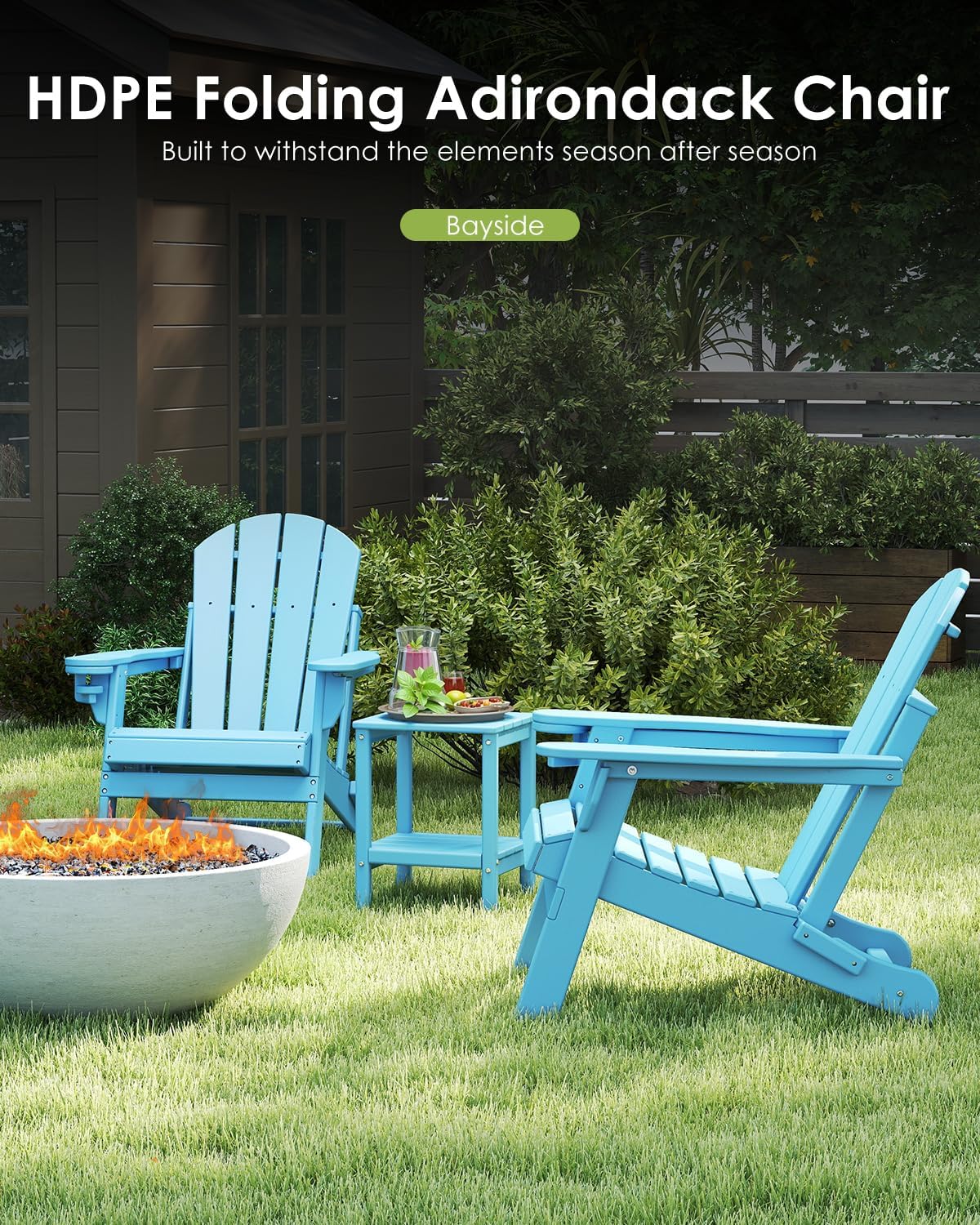 GREENVINES Folding-Adirondack-Chairs-Set-of-2 | HDPE Plastic | Fire Pit Chair | All Weather | Cup Holder | Arctic | for Deck Backyard Patio Outdoor Garden