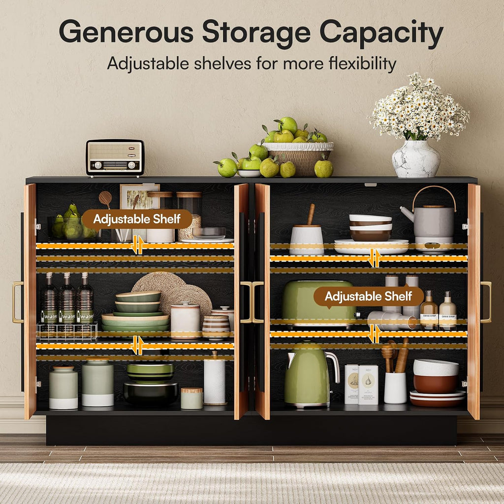 29" Fluted Modular Buffet Cabinet with Arched Doors & Gold Handles, Mid Century Modern Sideboard Credenza Storage with Adjustable Shelves, Wood Coffee Bar Console Table for Dining Living Room