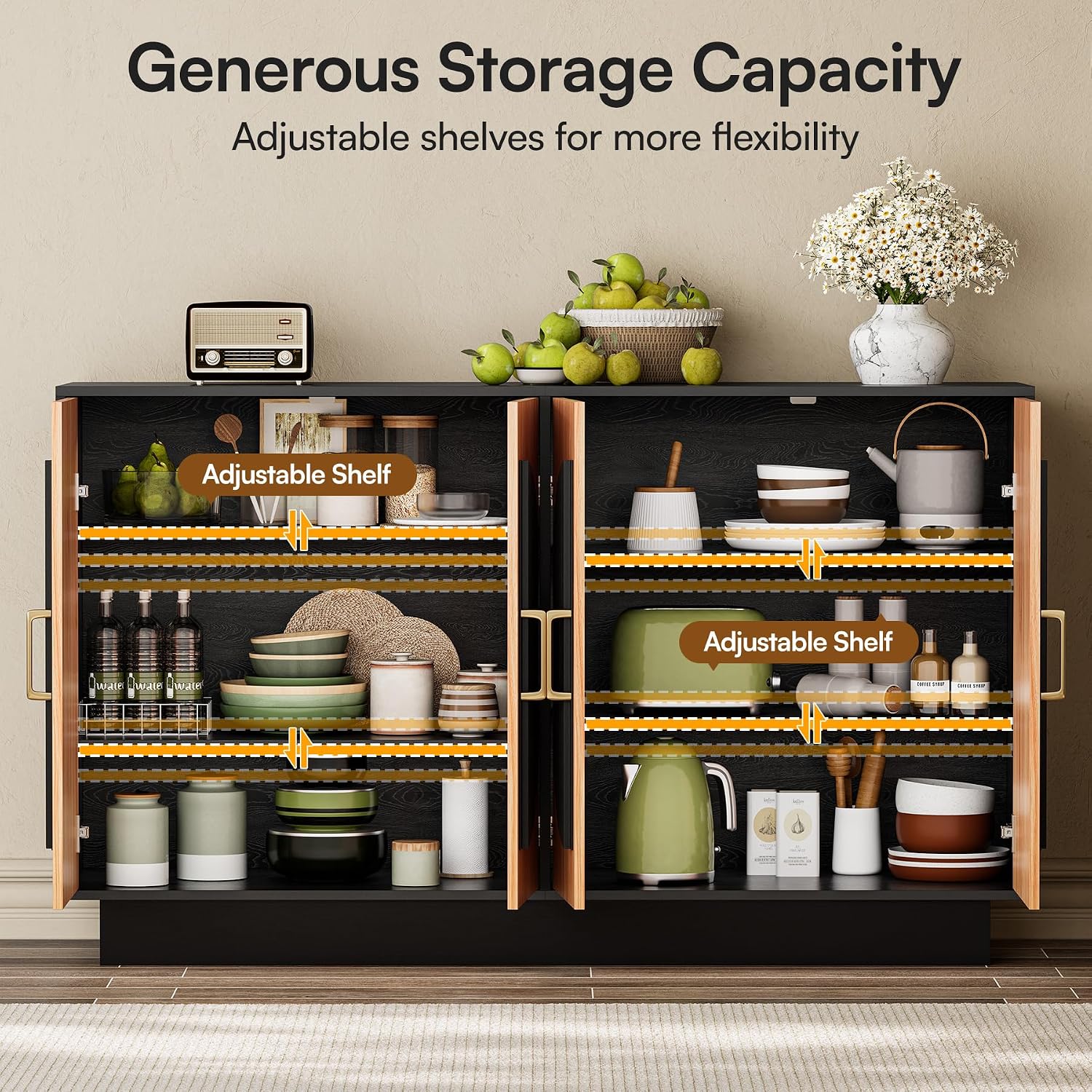 29" Fluted Modular Buffet Cabinet with Arched Doors & Gold Handles, Mid Century Modern Sideboard Credenza Storage with Adjustable Shelves, Wood Coffee Bar Console Table for Dining Living Room