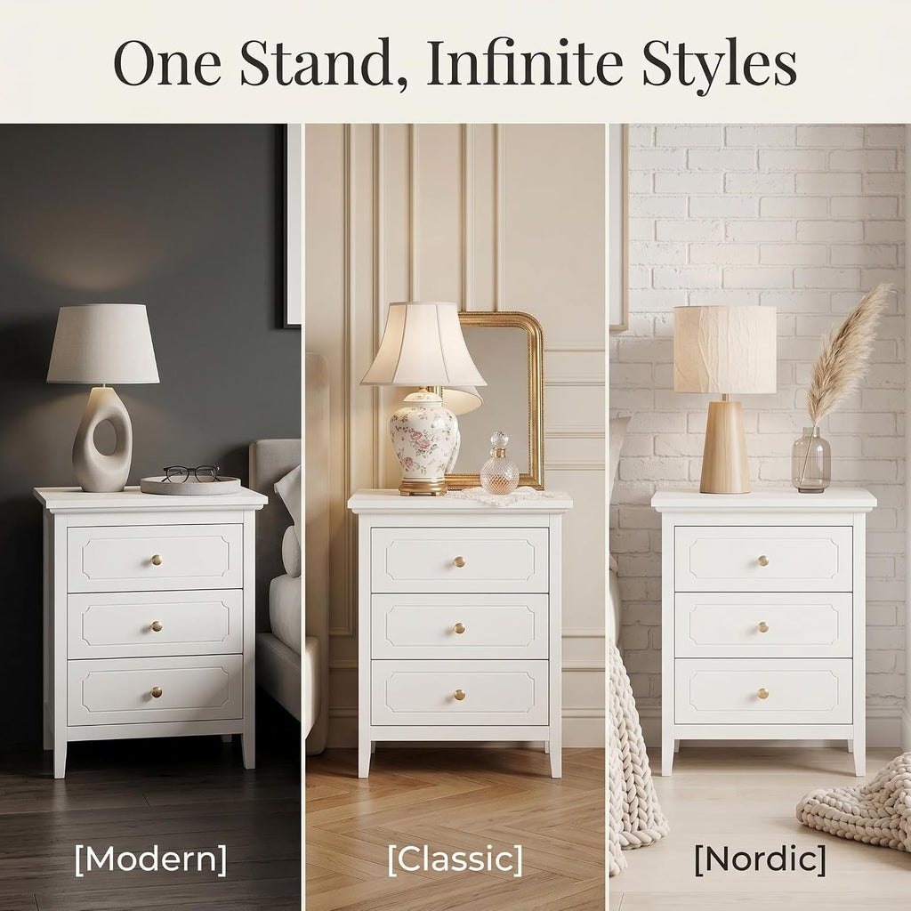 HOPUBUY 3 Drawer Narrow Nightstand for Bedroom, Storage Bedside Table | White, Set of 2, Modern Wood Metal End Table with Gold, Tall Night Stand for Living Room