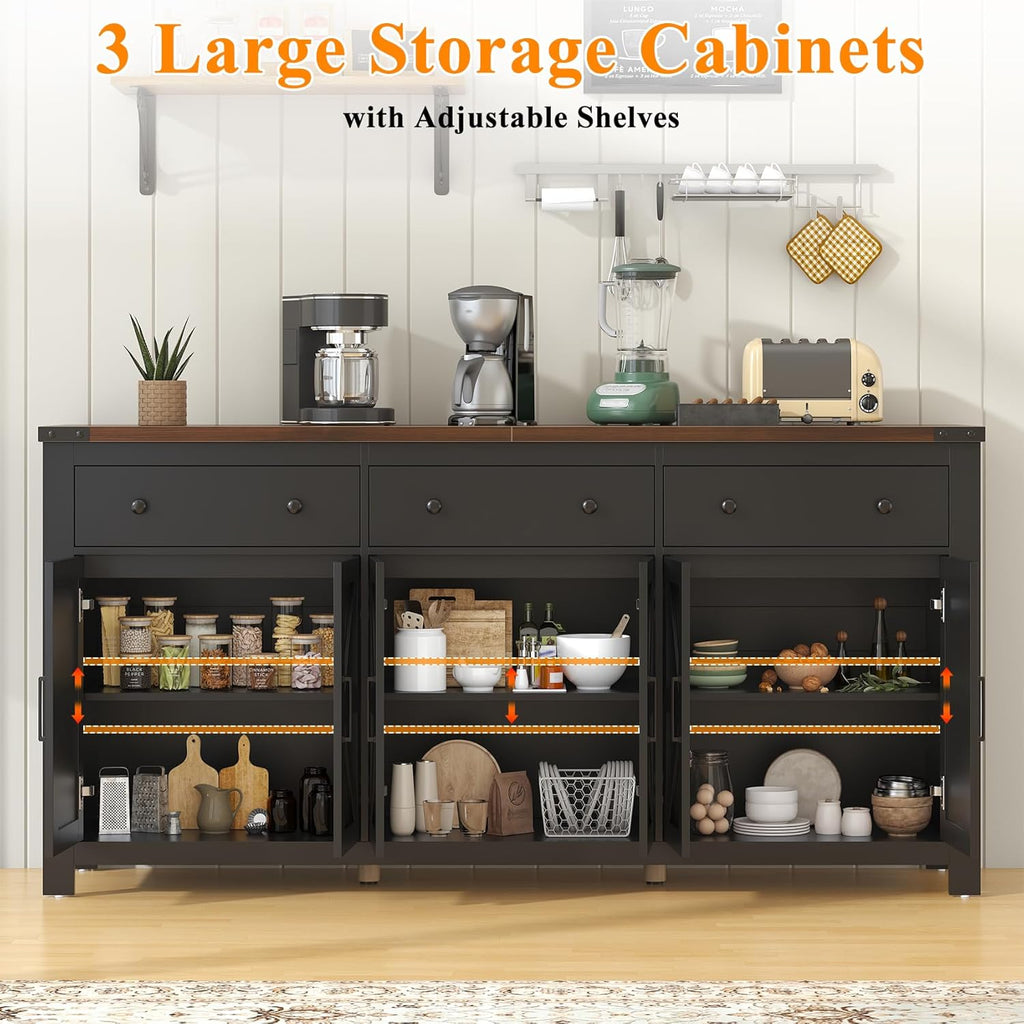 VVFLU 71" Large Sideboard Buffet Cabinet with Storage, Farmhouse Coffee Bar with 3 Drawers and 6 Barn Doors, Long Wider Storage Cabinet, for Kitchen, Dining Room, Living Room, Black Wood
