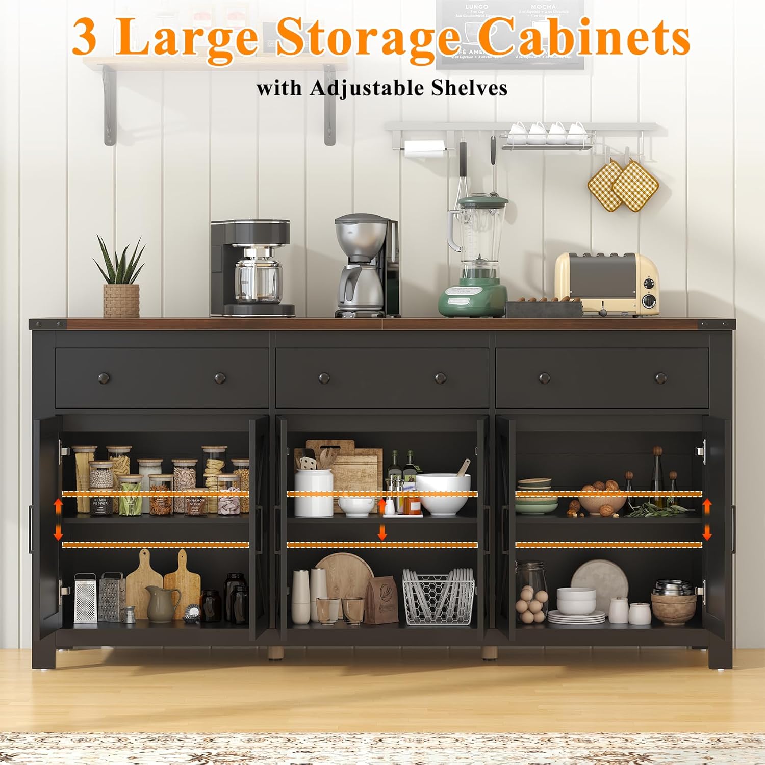VVFLU 71" Large Sideboard Buffet Cabinet with Storage, Farmhouse Coffee Bar with 3 Drawers and 6 Barn Doors, Long Wider Storage Cabinet, for Kitchen, Dining Room, Living Room, Black Wood