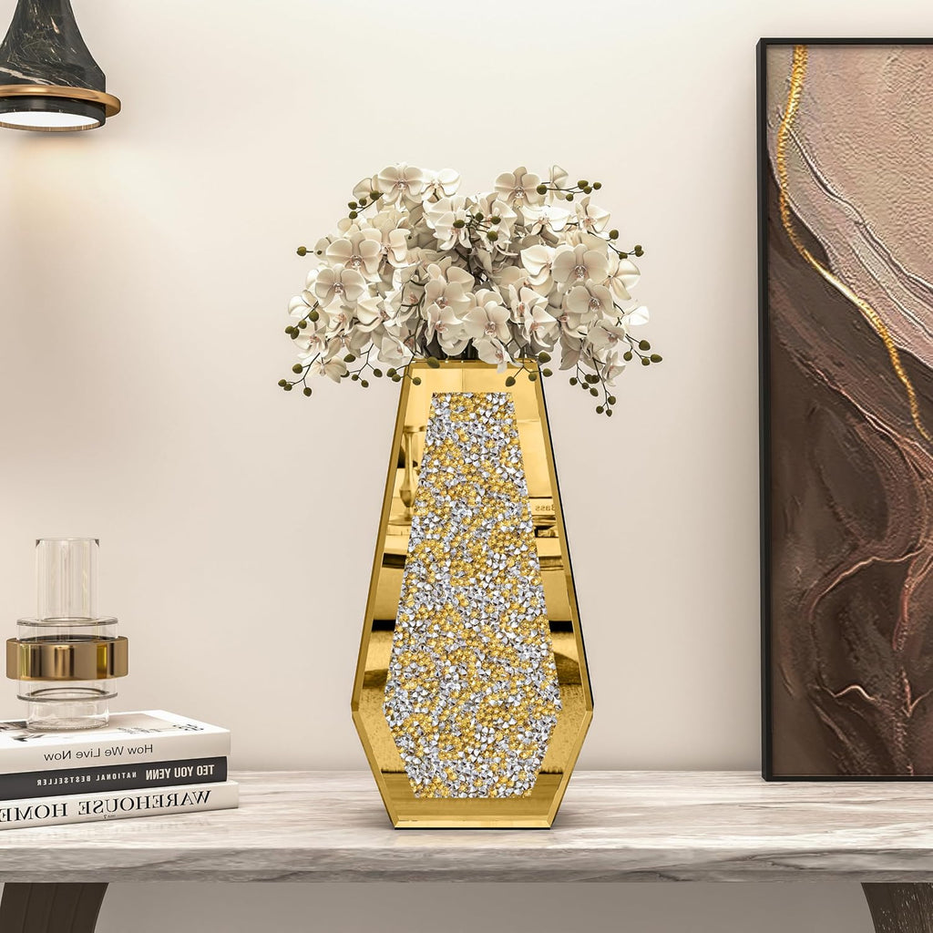 Luxury Crystal Glass Flower Vase Crushed Diamond Vase, Gold Mirror Finish, 14 inches Tall, Decorative Rhinestone Centerpiece for Home
