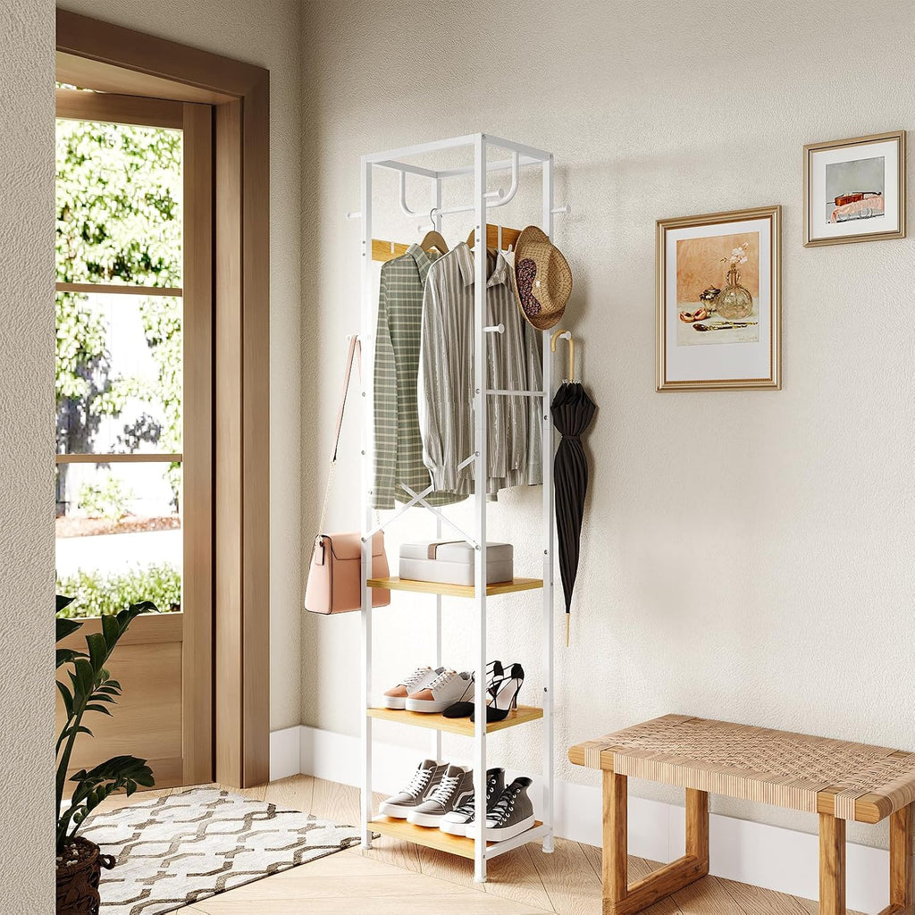 ELYKEN Coat Rack Freestanding, Hall Tree with 3 Storage Shelves and 12 Hooks, Industrial Clothes Rack Stand Organizer for Bedroom, Hallway, Entryway, Office, Living Room
