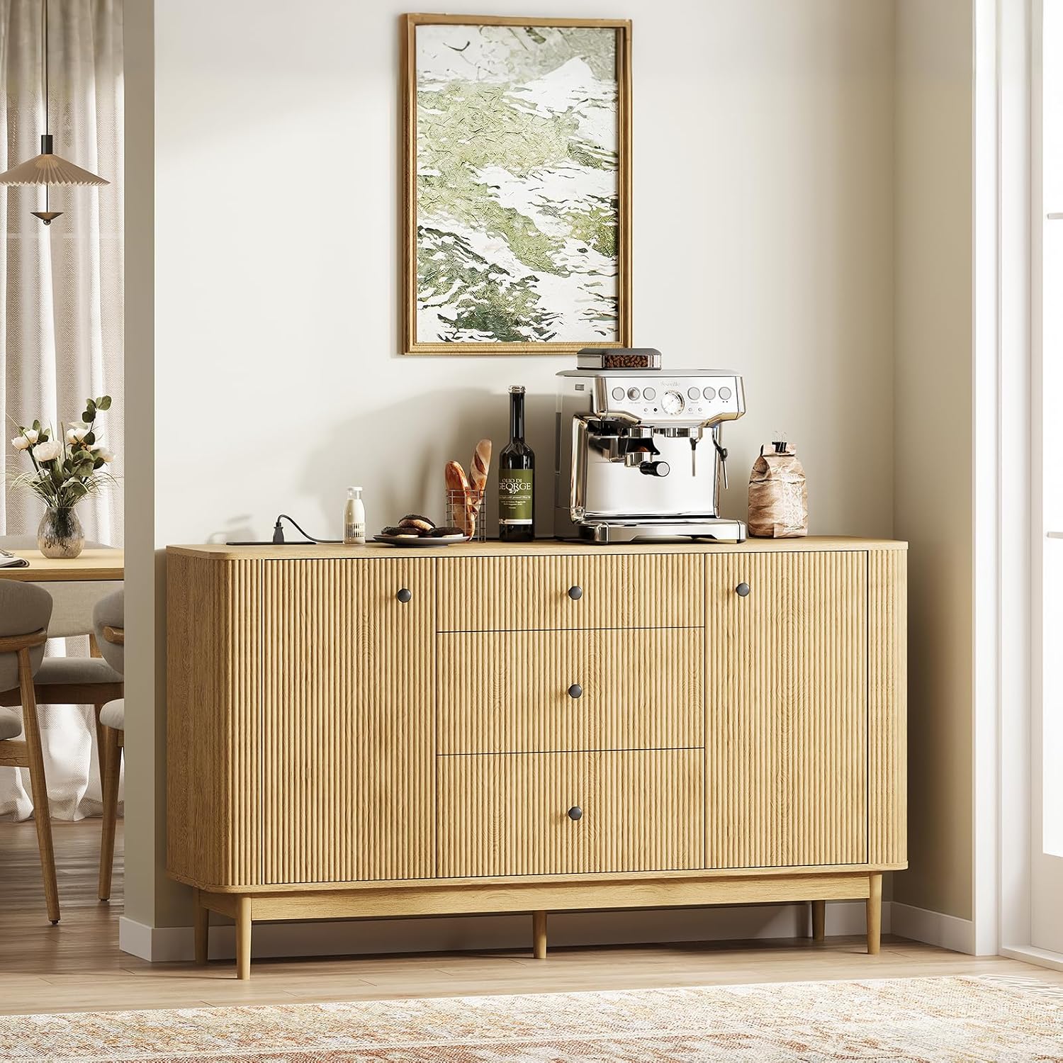 59" Buffet Cabinet with Drawers, Large Fluted Sideboard Buffet Storage Cabinet with Charging Station, Shelves and Doors, Modern Accent Coffee Bar Console Table for Kitchen, Entryway and Living Room