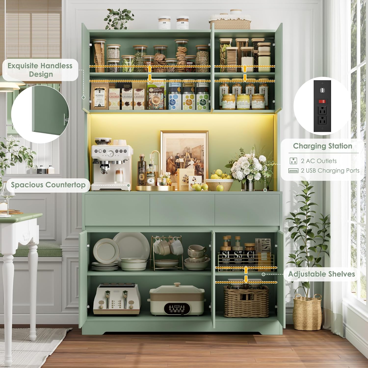 FINETONES 71" Pantry Cabinet with Power Outlets and Led Lights, Large Kitchen Hutch Storage with Microwave Stand, Tall Pantry Kitchen Cabinet with Cupboard, Green