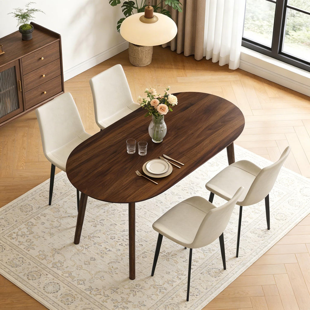 63" Oval Dining Table Set for 4, 5 Piece Modern Dining Table Set for Kitchen and Dining Room, Solid Wood Legs Dining Table with 4 PU Leather Dining Chairs（Walnut Table+4 Beige
