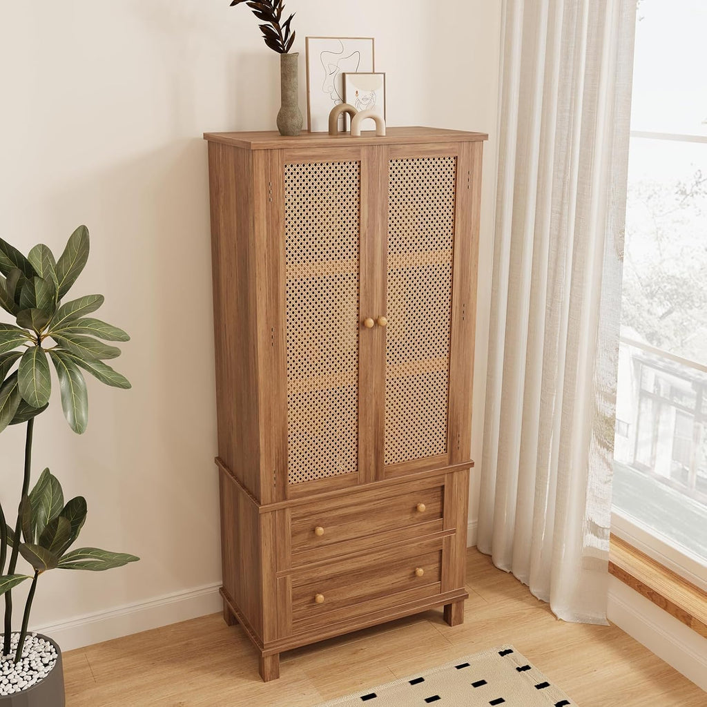 64" Tall Pantry Cabinet, Rattan Doors, 2 Drawers, Adjustable Shelves, Anti-Tip Design, Hard Wood, Walnut Finish for Kitchen, Dining, Living Room