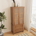 64" Tall Pantry Cabinet, Rattan Doors, 2 Drawers, Adjustable Shelves, Anti-Tip Design, Hard Wood, Walnut Finish for Kitchen, Dining, Living Room