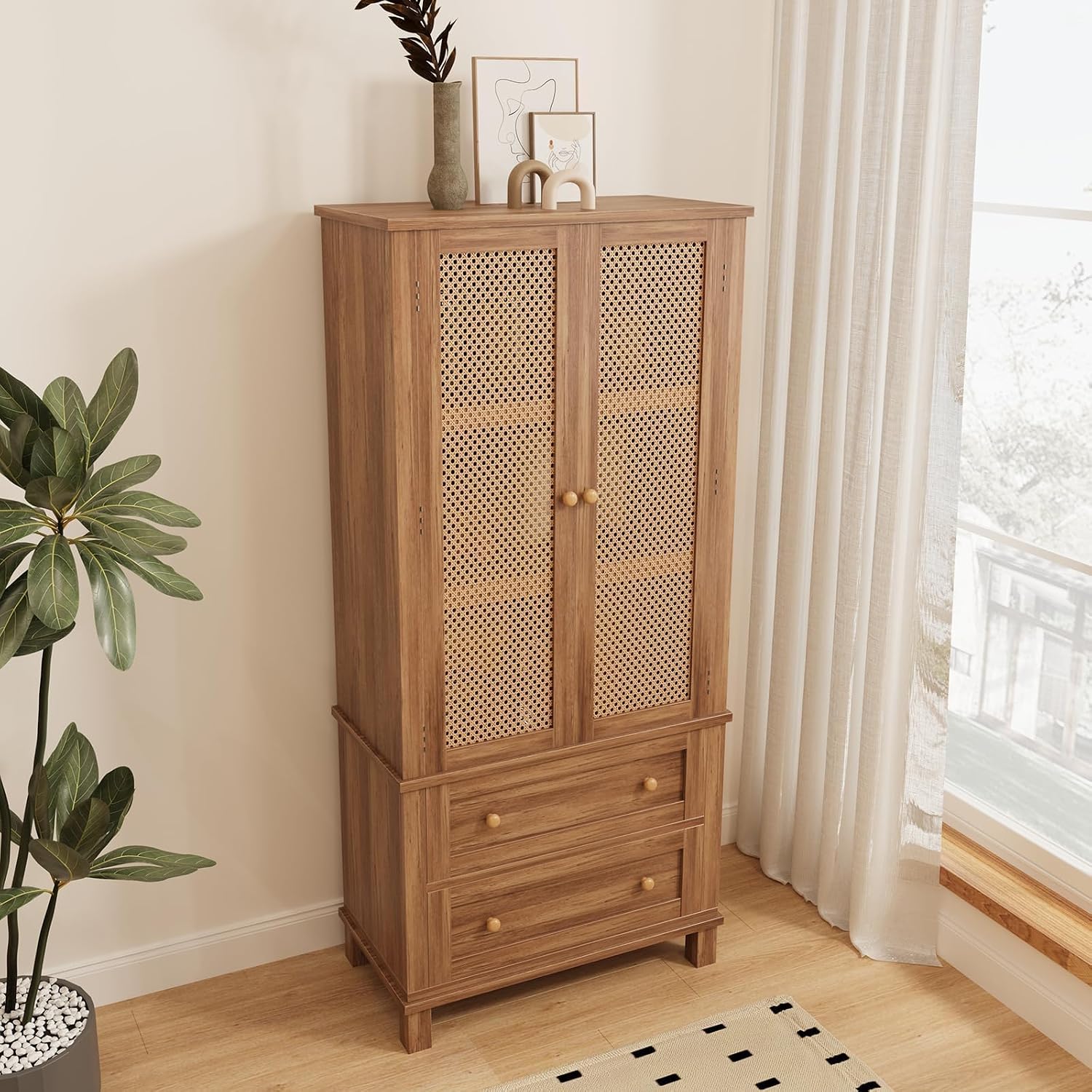 64" Tall Pantry Cabinet, Rattan Doors, 2 Drawers, Adjustable Shelves, Anti-Tip Design, Hard Wood, Walnut Finish for Kitchen, Dining, Living Room