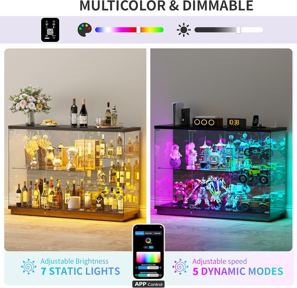 RGB Glass Display Cabinet - with Human Body Sensor, High Gloss Sideboard with Lock & Glass Shelves for Toys, Books, Collectibles, Liquor, Bookcase for Living Room, Kitchen, Study, Black