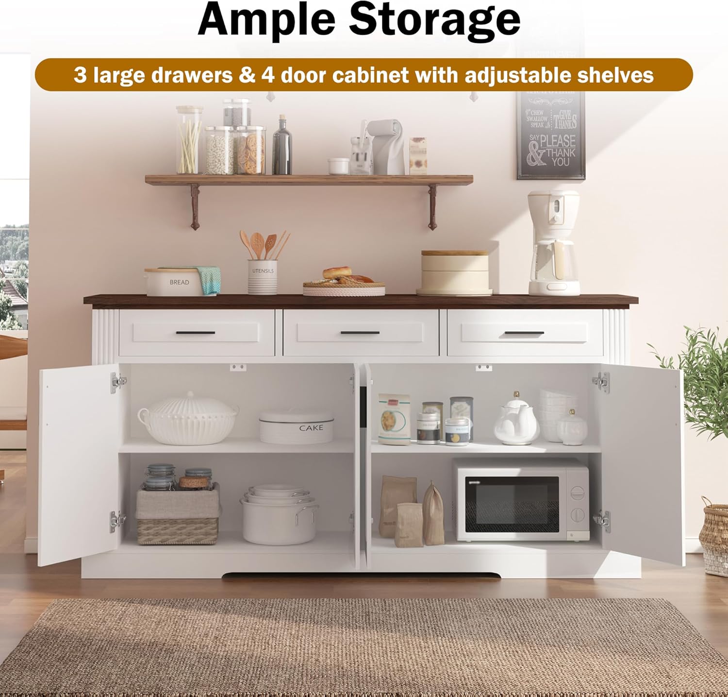 63" Fluted Sideboard Buffet with 4 Doors & 3 Drawers, Large Modern Farmhouse Accent Credenza with Adjustable Shelves for Kitchen, Dining Room, Living Room (White)