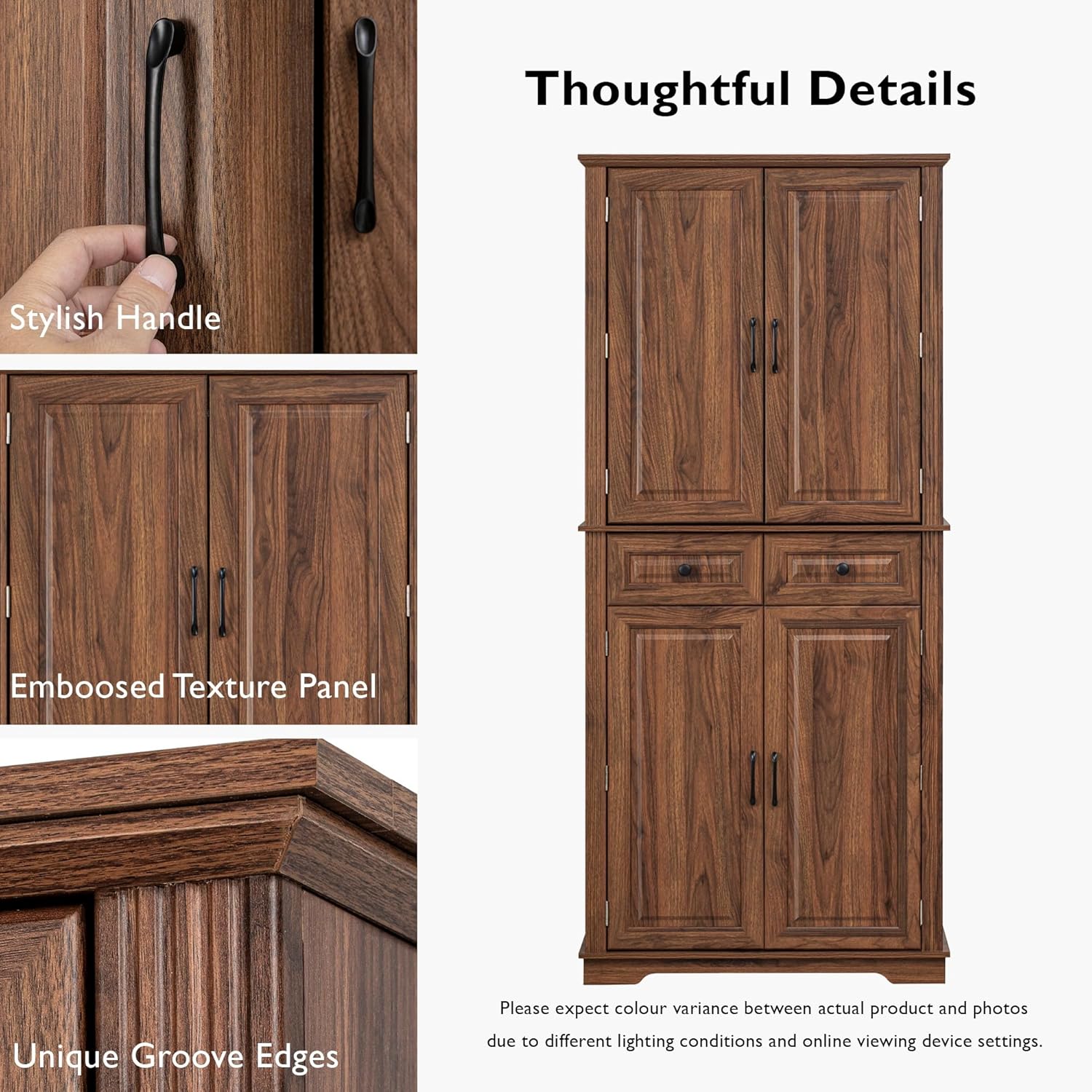 Ball & Cast 71" Farmhouse Kitchen Pantry Cabinet with 3 Pull-Out Organizers, Tall Storage Cabinet with 4 Doors, 2 Drawers, 6 Door Shelves & Adjustable Shelves, Freestanding Cupboard, Rustic Brown