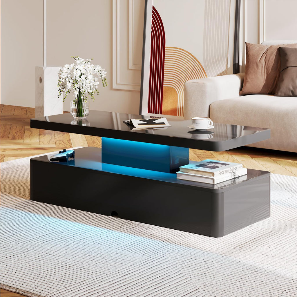 MXV Modern Coffee Table, 40 Inches Coffee Tables with 16 Colors LED Lights, 2 Tier Rectangular Center Table, Large Storage Space, High Glossy Wooden Tea Table for Living Room, Bedroom, Office, Black
