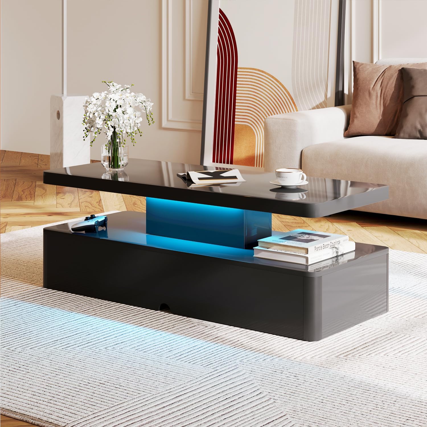 MXV Modern Coffee Table, 40 Inches Coffee Tables with 16 Colors LED Lights, 2 Tier Rectangular Center Table, Large Storage Space, High Glossy Wooden Tea Table for Living Room, Bedroom, Office, Black