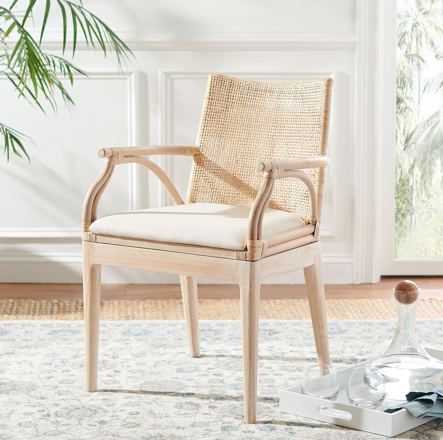 SAFAVIEH Home Collection - Gianni Natural & White Wash Solid Wood Rattan Arm Chair, Tropical Coastal Accent Seating for Living Room or Dining Space (SEA4011B)