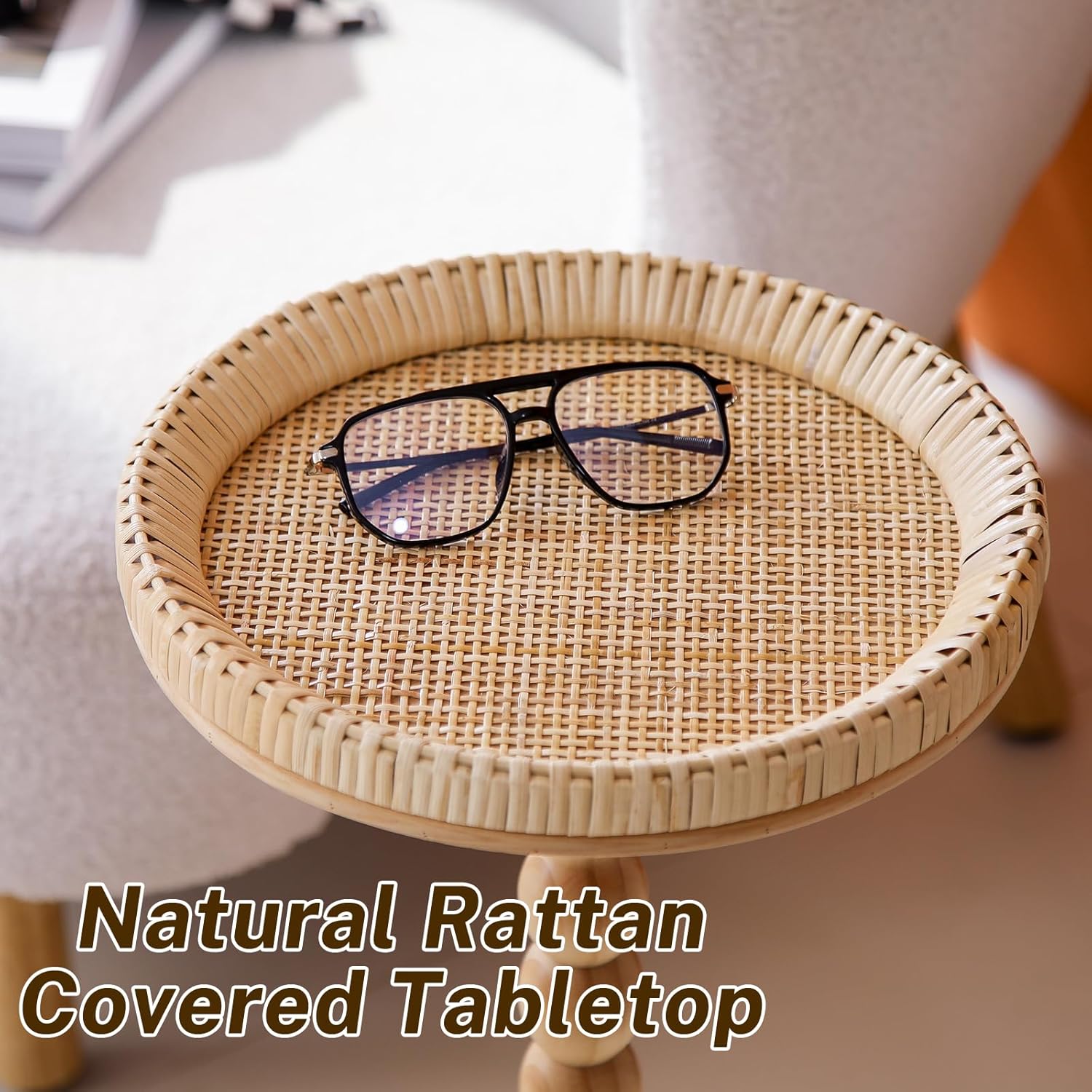 Solid Wood Round Side Table,mall Drink Table for Small Spaces,Round Side Table for Small Spaces, Boho Circle End Table Coffee Table with Solid Wood Leg for Living Room
