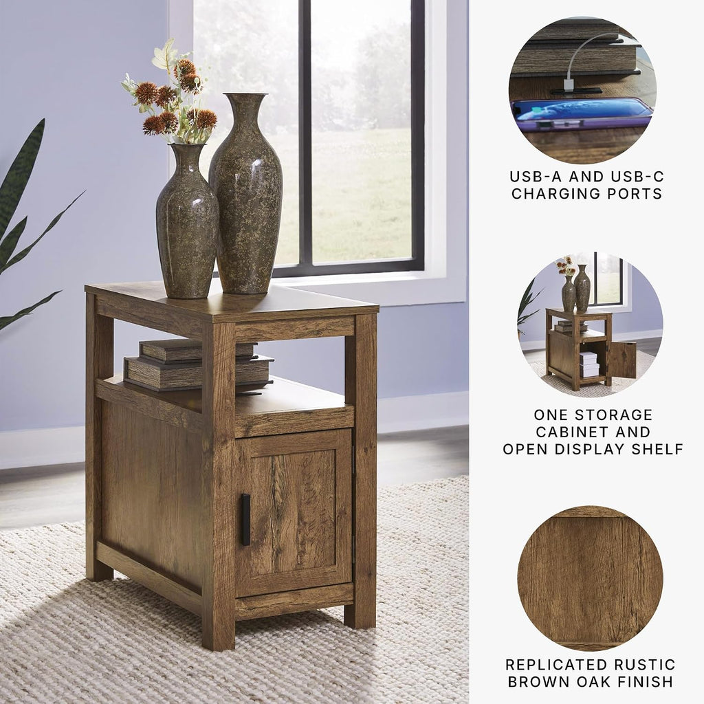 Signature Design by Ashley Fendenmore Farmhouse Chairside End Table with Storage and USB Ports, Dark Brown