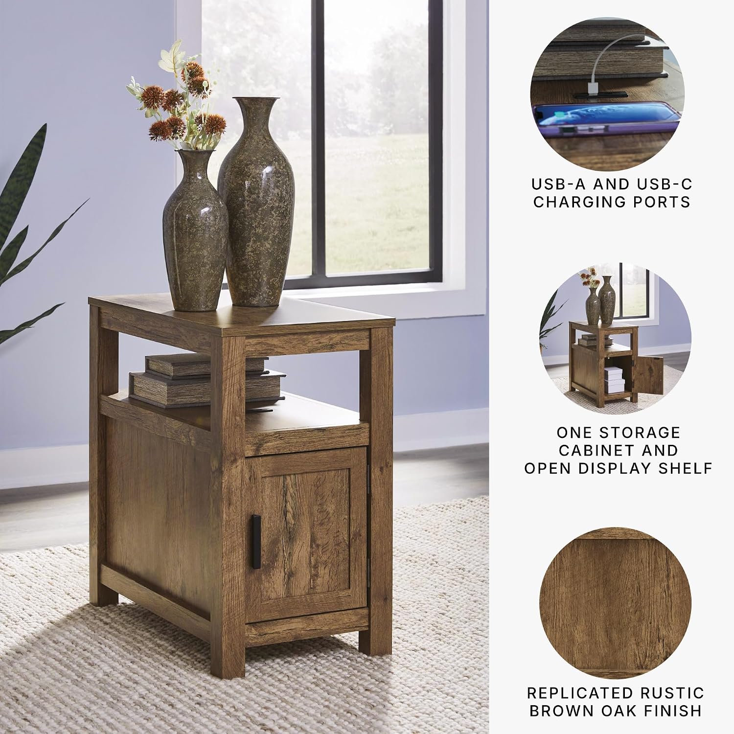 Signature Design by Ashley Fendenmore Farmhouse Chairside End Table with Storage and USB Ports, Dark Brown