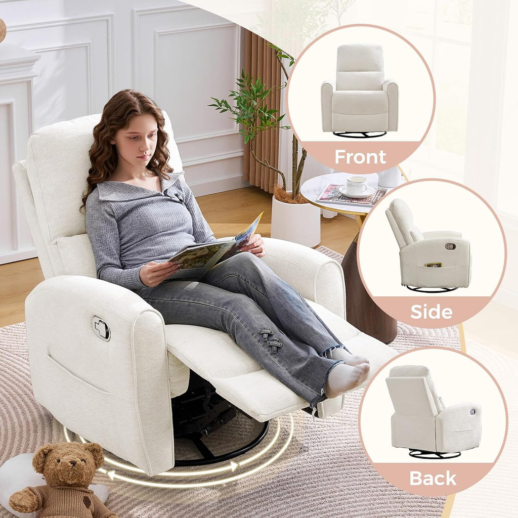Swivel Rocker Recliner, Manual Swivel Glider Nursery Recliner Chair with Adjustable Headrest and Lumbar Support, Rocking Recling Chairs for Small Space, Living Room, Bedroom, Chenille White