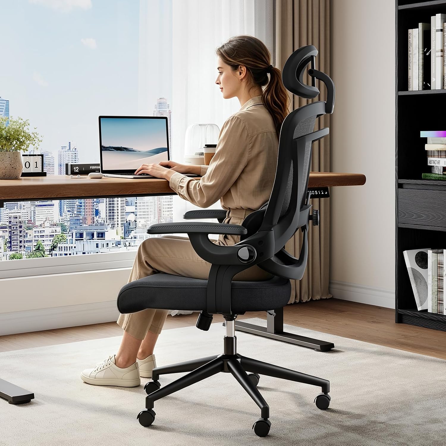 DUMOS Executive Office Ergonomic Desk Chair, 300 LBS Home Mesh Chairs with Wheels, 2D Headrest, Up&Down Lumbar Support, Swivel High Back Computer Chair with Flip-up Armrests, Black