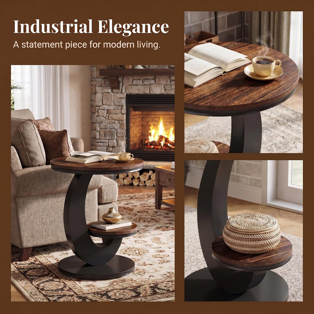 Tribesigns Round End Table with 2-Tier Shelf Storage,C Shaped Wood Side Table for Couch with Metal Frame,Modern Nightstand Accent Table for Living Room,Bedroom,Small Space (Brown)