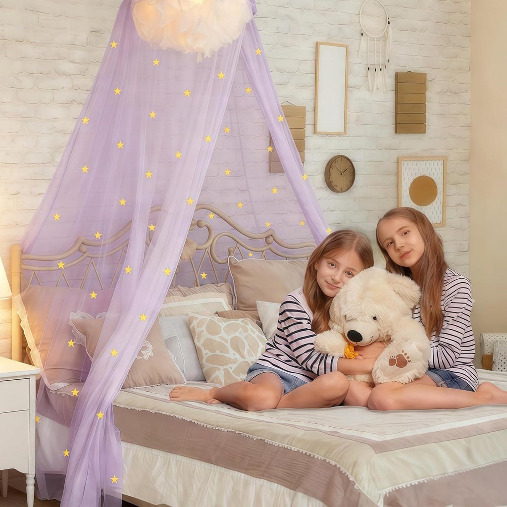 Bed Canopy for Girls Mosquito Net, Princess Bed Canopy for Girls Room Decor - Insect Protection Hanging Canopy for Indoor(Pink,Stars Glow in the Dark)