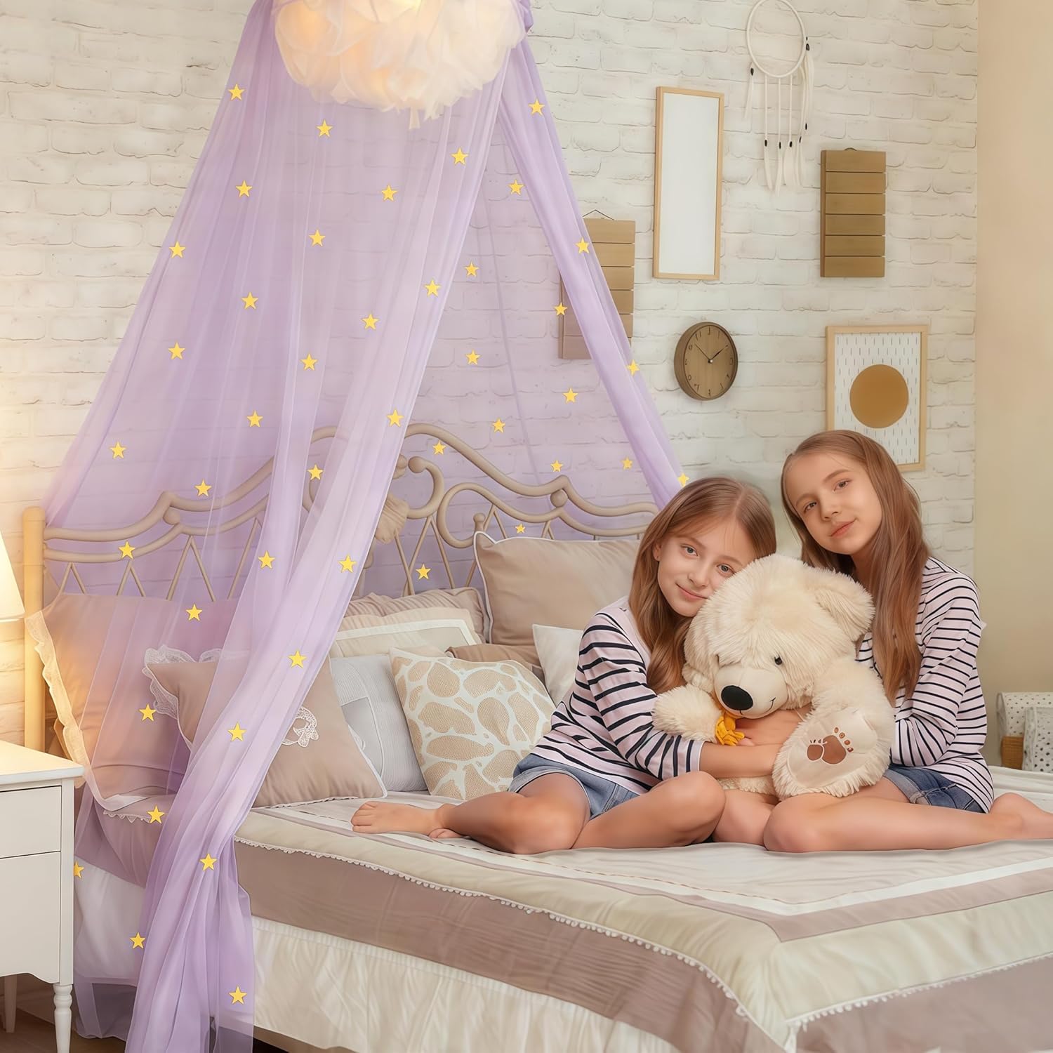 Bed Canopy for Girls Mosquito Net, Princess Bed Canopy for Girls Room Decor - Insect Protection Hanging Canopy for Indoor(Pink,Stars Glow in the Dark)