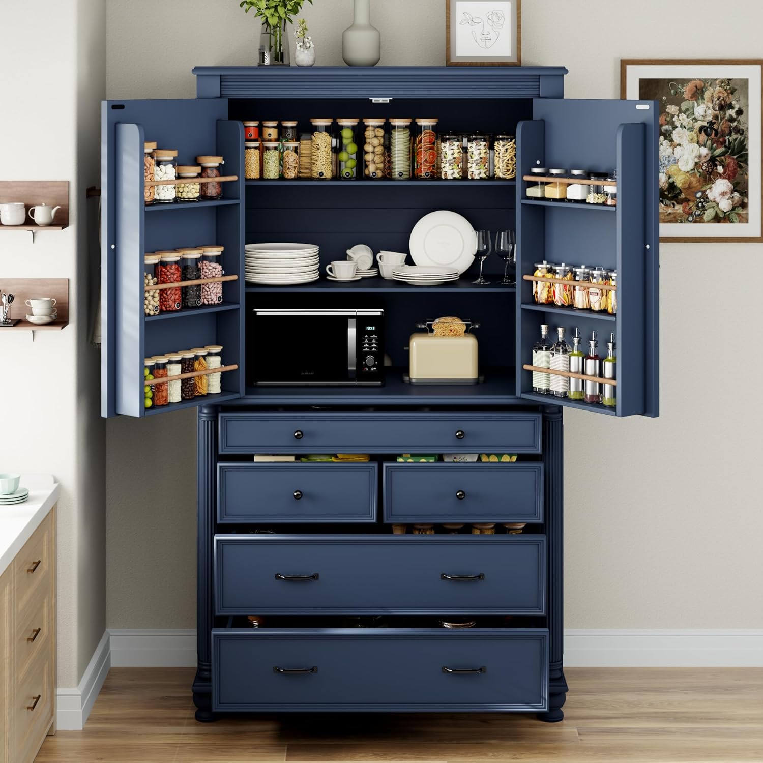 Spaco 77.3" Tall Kitchen Pantry Cabinet,Modern Pantry Storage Cabine with 6 Door Shelves,2 Adjustable Shelves and 5 Drawers,Freestanding Buffet Cupboard for Kitchen,Dining Room. (Blue)