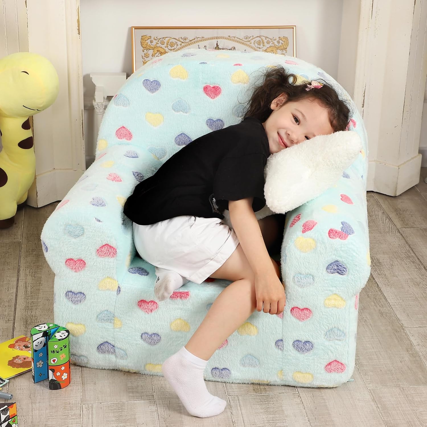 MOMCAYWEX Colorful Heart Kids Sofa with Star Throw Pillow, High Back Toddler Chair Glow in The Dark for Boys and Girls, Lake Blue