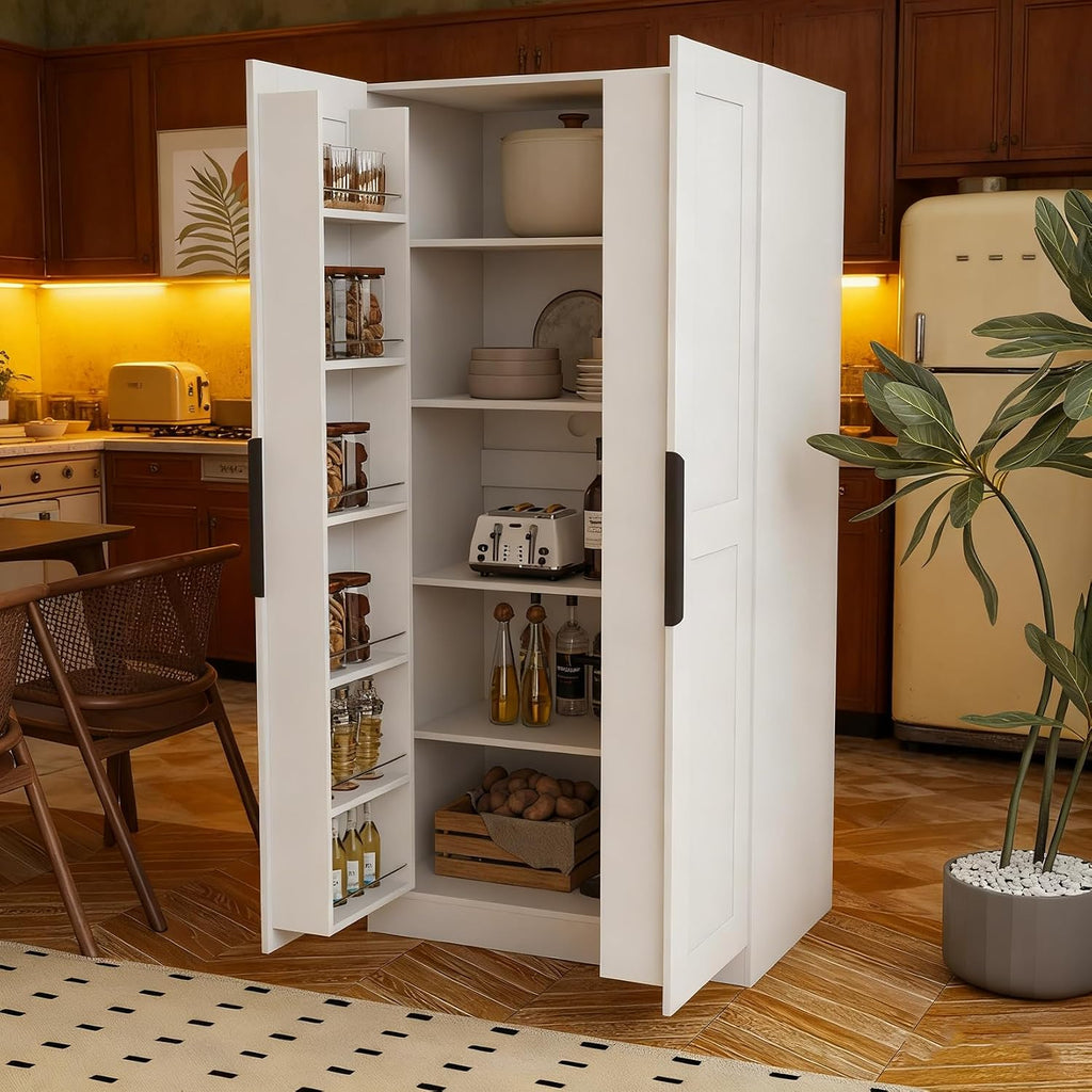 Freestanding Kitchen Pantry Cabinet, 62.99 Tall Kitchen Buffet Cabinet with Storage, 12-Tier Door Shelves, 2-Door for Dining Room, Living Room, White