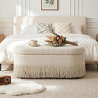 39.4“ Boho Storage Ottoman Bench with Tassels, Linen Upholstered Ottoman with Storage, Oval End of Bed Bench, Entryway Foot Rest for Bedroom, Lift-Top Lid with Safety Hinge, Living Room, Beige
