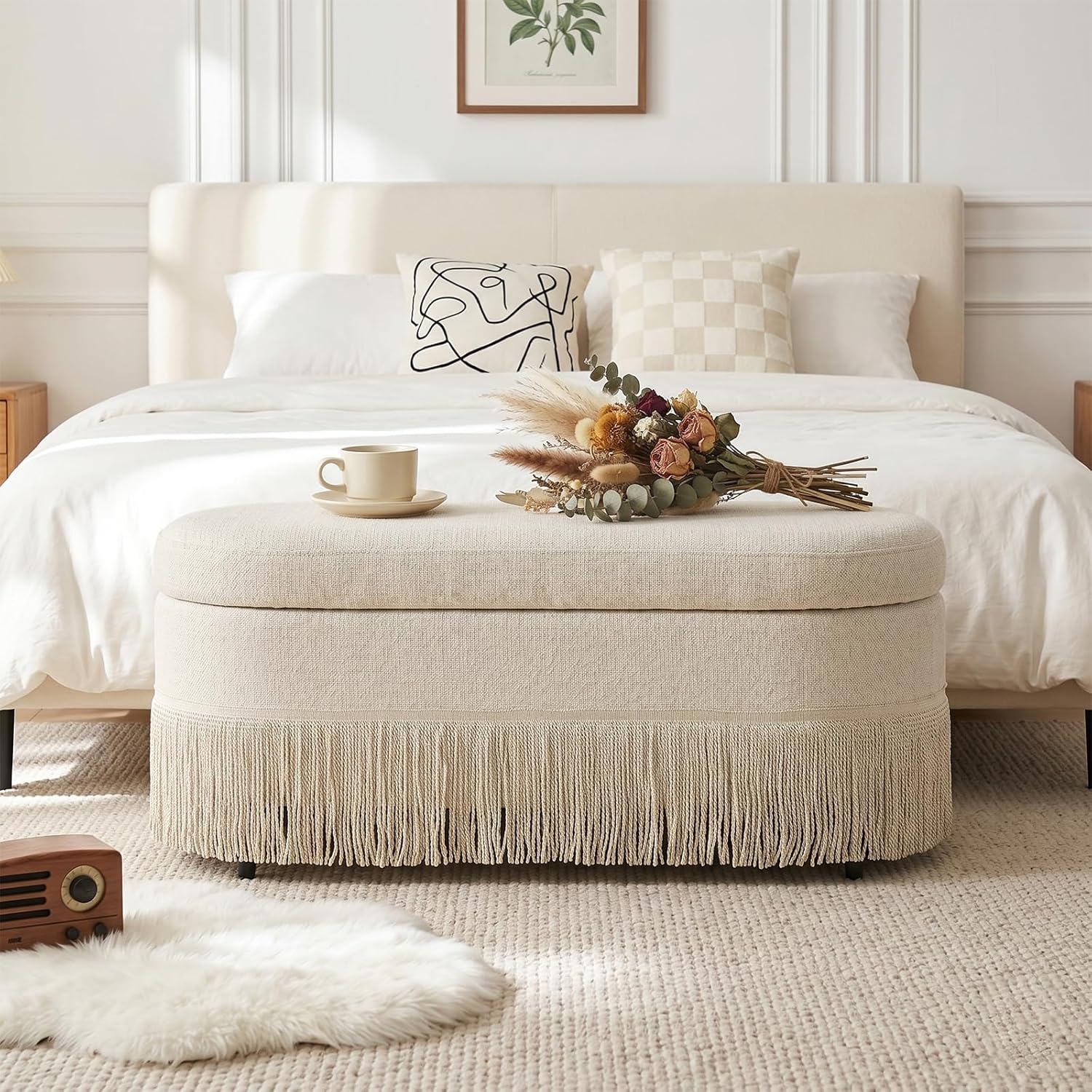 39.4“ Boho Storage Ottoman Bench with Tassels, Linen Upholstered Ottoman with Storage, Oval End of Bed Bench, Entryway Foot Rest for Bedroom, Lift-Top Lid with Safety Hinge, Living Room, Beige