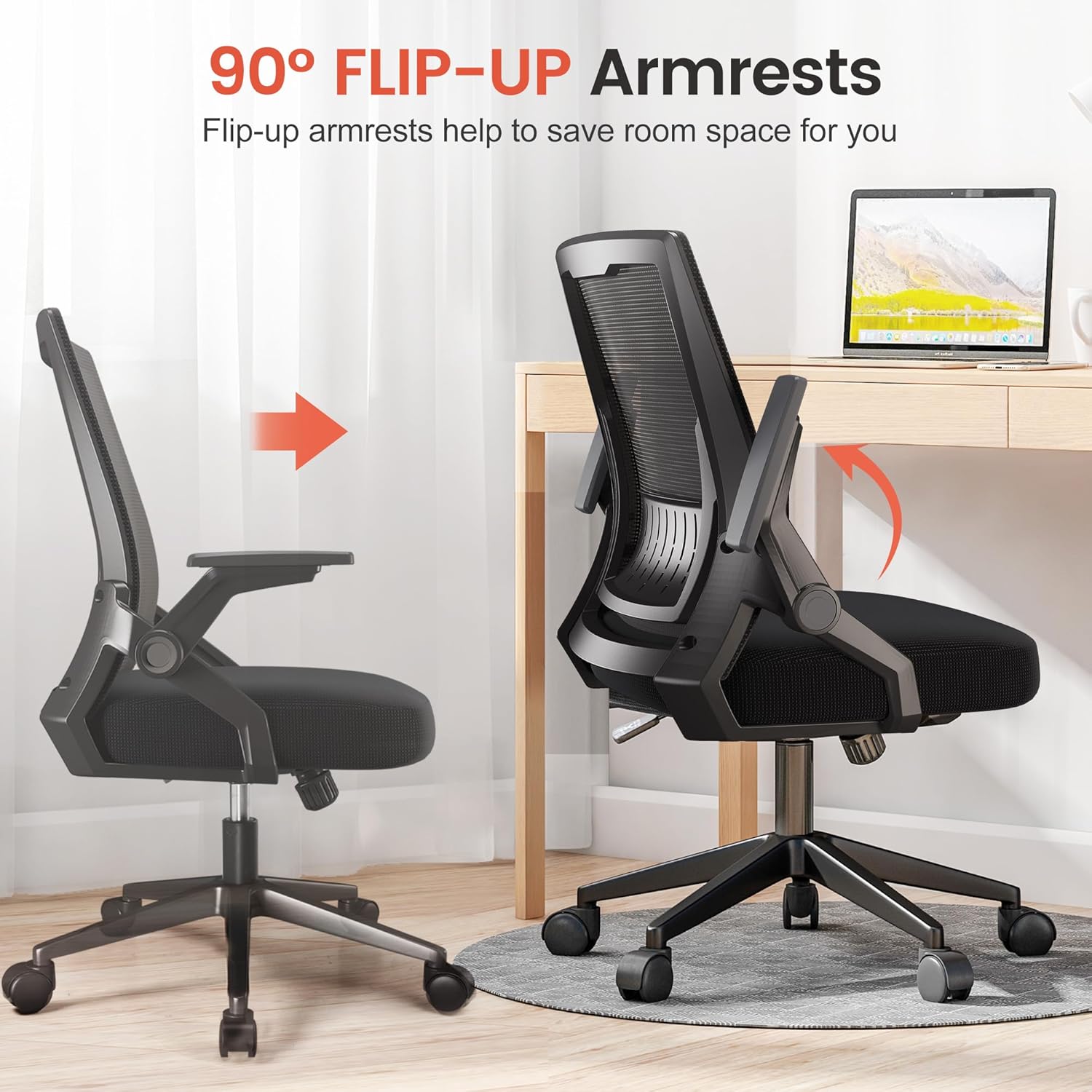 COMHOMA Office Chair with Flip-up Armrests Ergonomic Computer Desk Chair with Adaptive Lumbar Support & Breathable Mesh, Black
