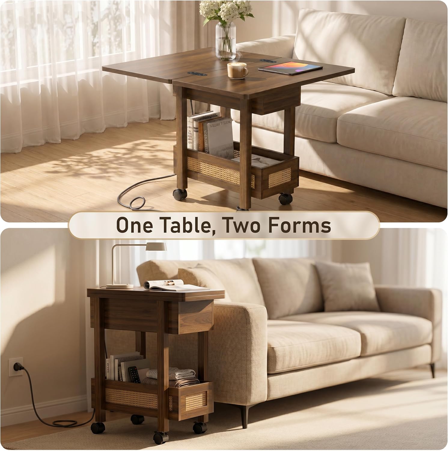 YOSHOOT Flip Top End Table with Charging Station, Narrow Side Table | 13" Wide, Rattan, Extensible Design, Small Table with Storage and Wheels, Suitable for Living Room Bedroom Apartment, Walnut