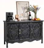 RoyalCraft Buffet Cabinet with Storage, Vintage Solid Wood Sideboard with 3 Carved Doors, Painted Coffee Bar Console Table for Dining Room, Living Room, Kitchen, Distressed Black