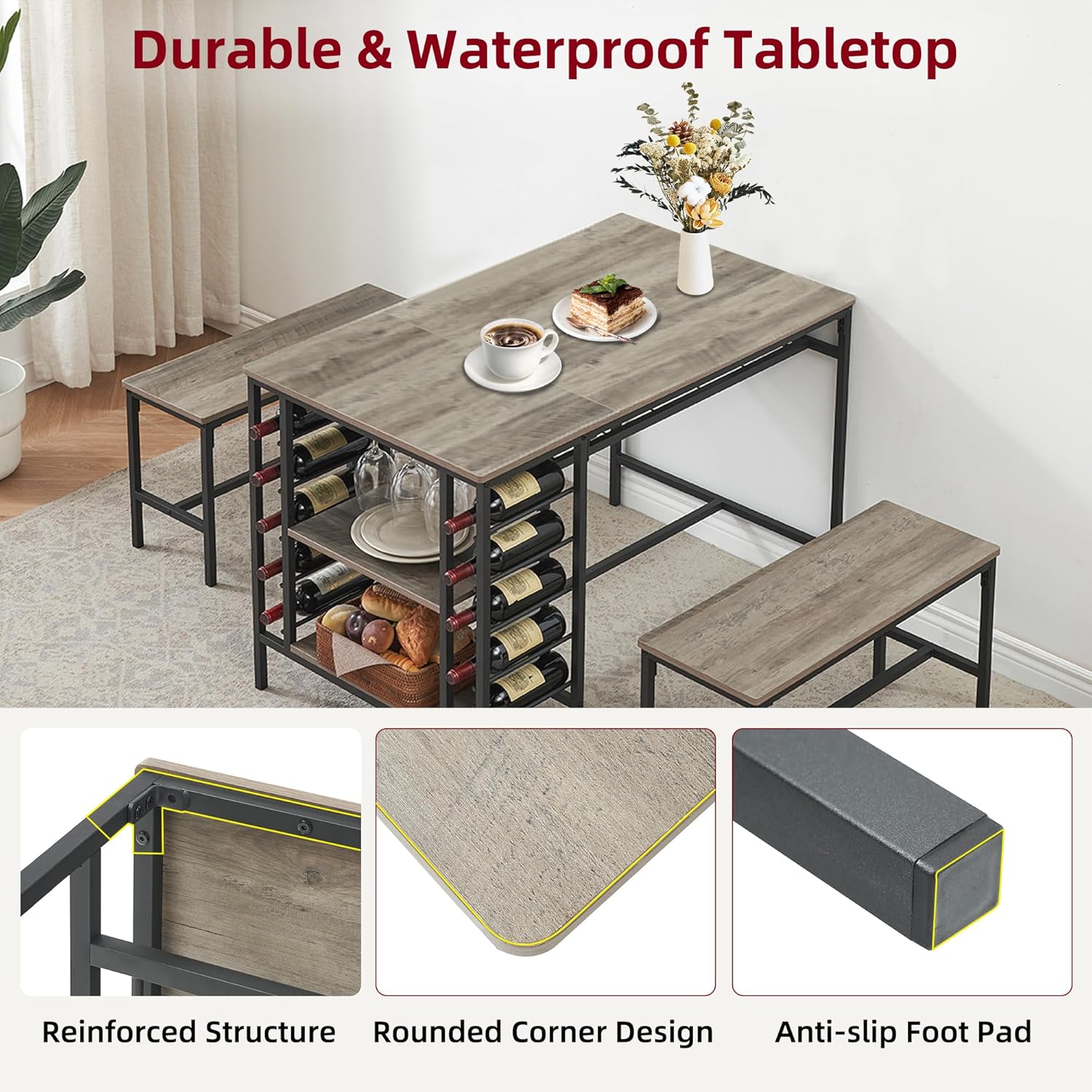 Garvee Dining Table Set for 4, Kitchen Table Set for 4 with 2 Benches, 3 Piece Dining Room Table Set for Small Space Apartment, Grey