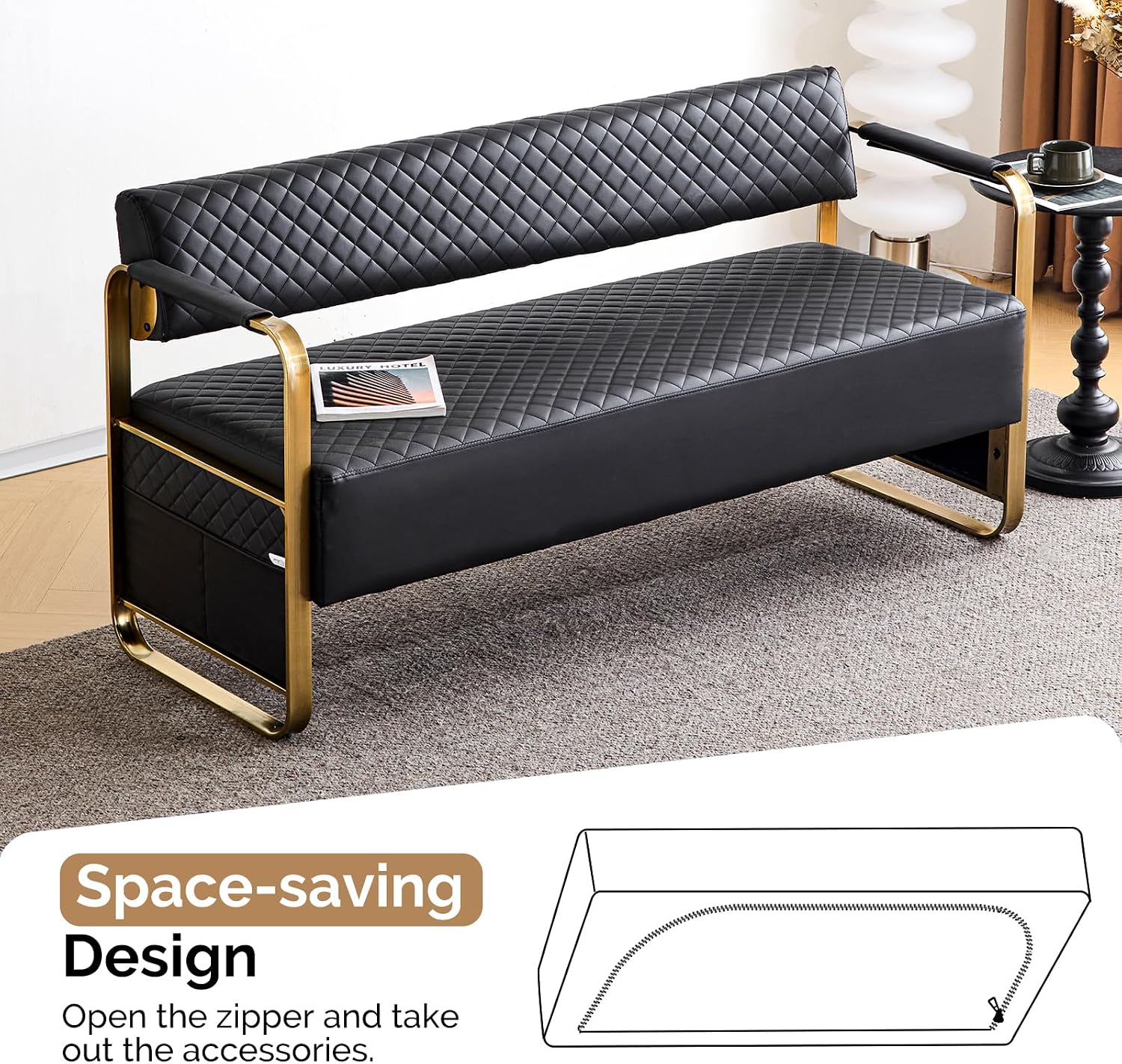 OmySalon Waiting Room Chairs with Arms, 57.5’’ Office Guest Chair upholstered Bench Seating, Reception Furniture for Beauty Salon Barbershop Airport Bank Hall Room Conference, Black&Gold