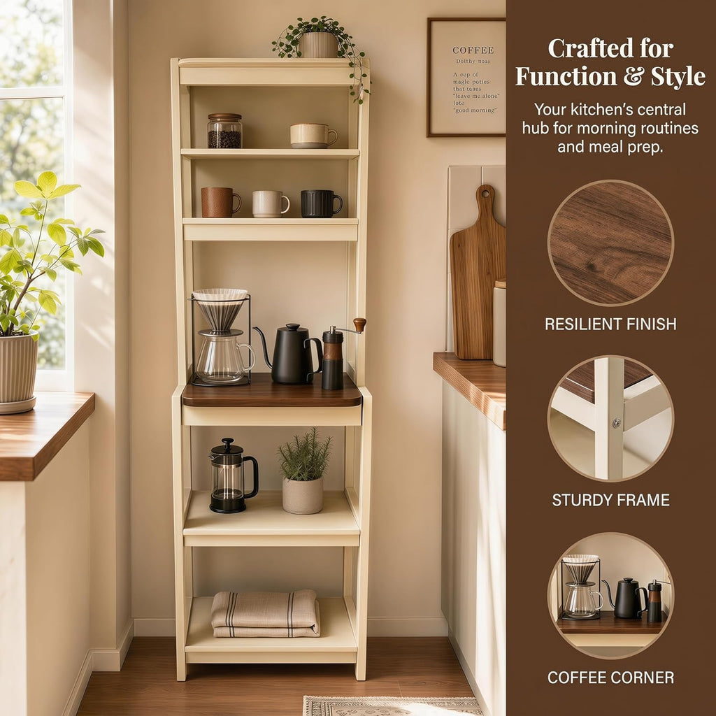 23.7" 5-Tier Bakers Rack for Kitchen, Storage Shelf with Coffee Bar & Microwave Stand, White & Rustic Brown