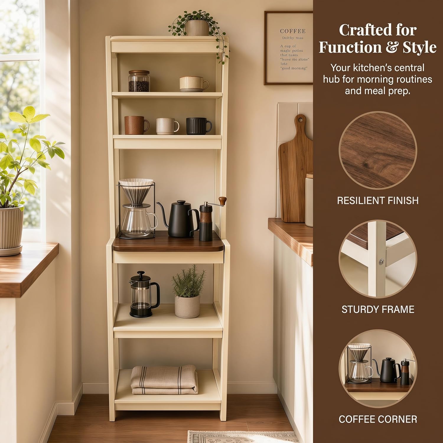 23.7" 5-Tier Bakers Rack for Kitchen, Storage Shelf with Coffee Bar & Microwave Stand, White & Rustic Brown