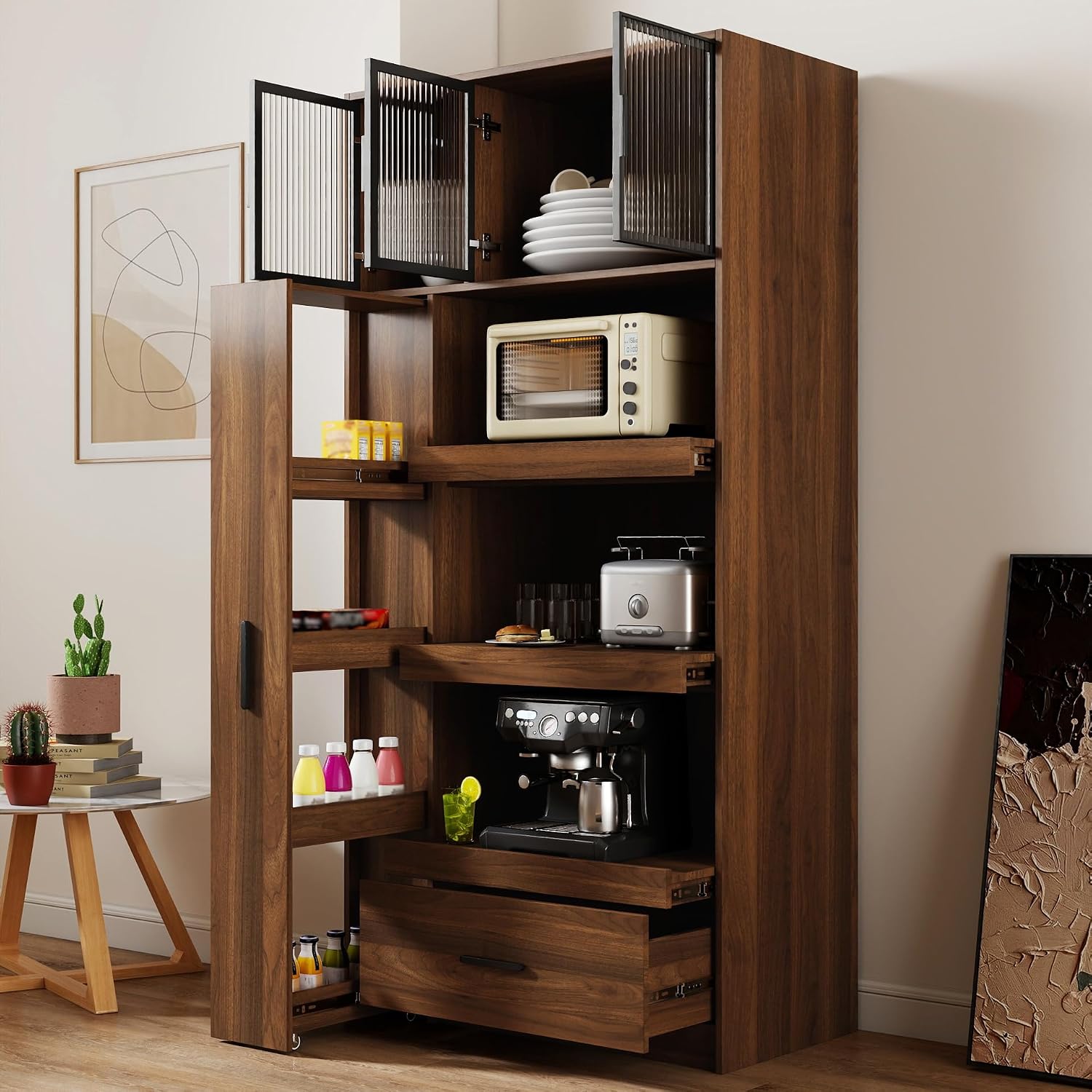 70.87" Tall Kitchen Pantry Cabinet with 4-Tier Storage Cart, 3 Glass Doors & Pull-Out Shelves, Freestanding Food Hutch Cabinet with Microwave Stand & Drawer for Dining Room, Walnut