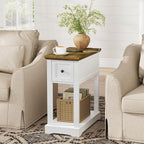 Side Table Set of 2, Side Table with Storage, Farmhouse End Table, Thicken Base, Nightstand with Charging Station, for Living Room, Bedroom, Rustic Brown and White
