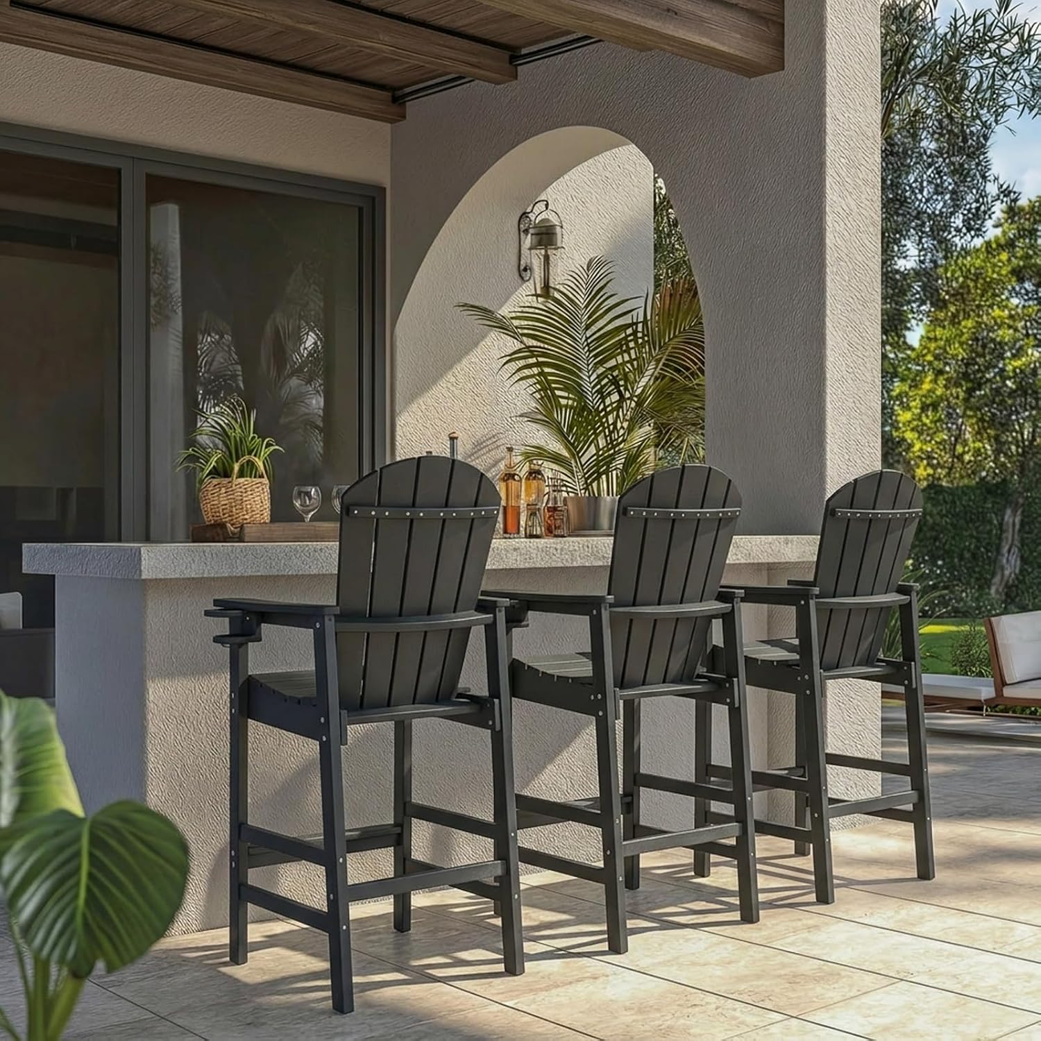 Tall Adirondack Bar Chair with Cup Holder, HDPE Outdoor Bar Height Chair with Armrests, All-Weather Poly Patio High Chair with Footrest for Balcony, Deck, Poolside, Backyard & Porch, Black