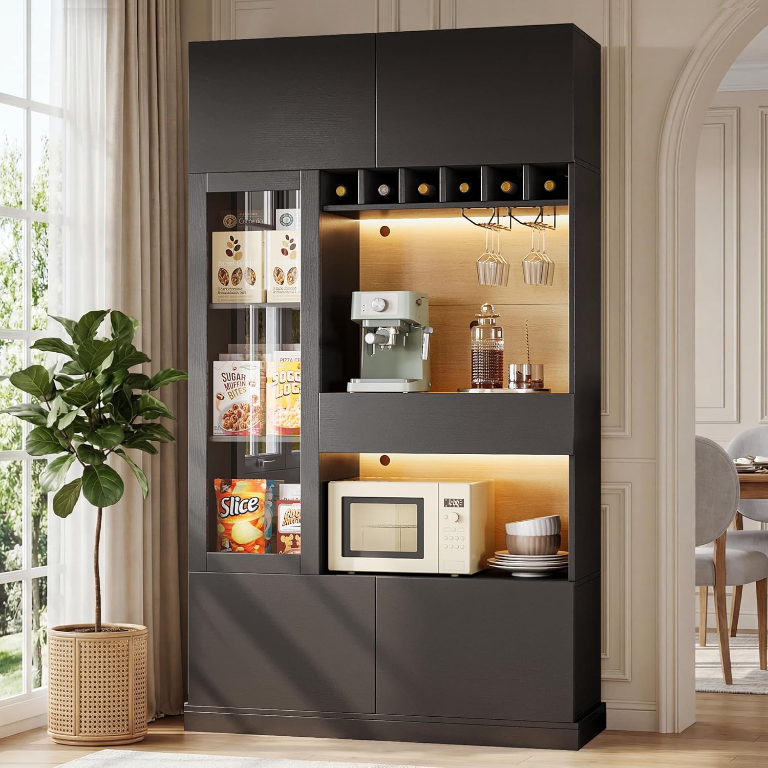Einhomn 69" Kitchen Pantry Cabinet with LED Lights & Charging Station & Wine Rack, Large Kitchen Hutch with Glass Door & Countertop & Adjustable Shelves for Dining Room, Living Room, Black