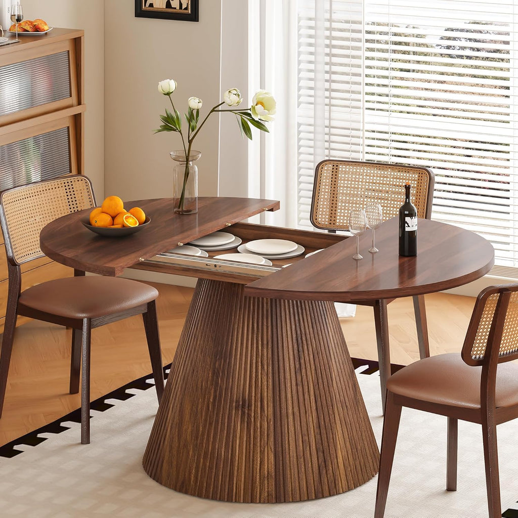 FurSch 43.3"-59" Extendable Oval Dining Table for 4-6-8, Round Adjustable Kitchen Table with Removable Leaves Space Saving, Transformer Dinner Table with Fluted Pedestal Base for Living Room (Walnut)
