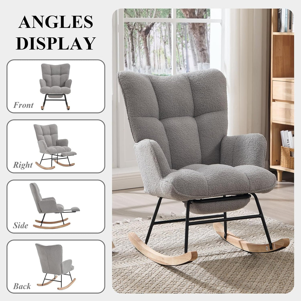 Nursery Rocking Chair with Footrest, Teddy Upholstered Glider Rocker with Side Pocket, Leisure Rocker Chair with High Back, Recliner Rocking Chair, Accent Reading Chair for Bedroom (Grey)